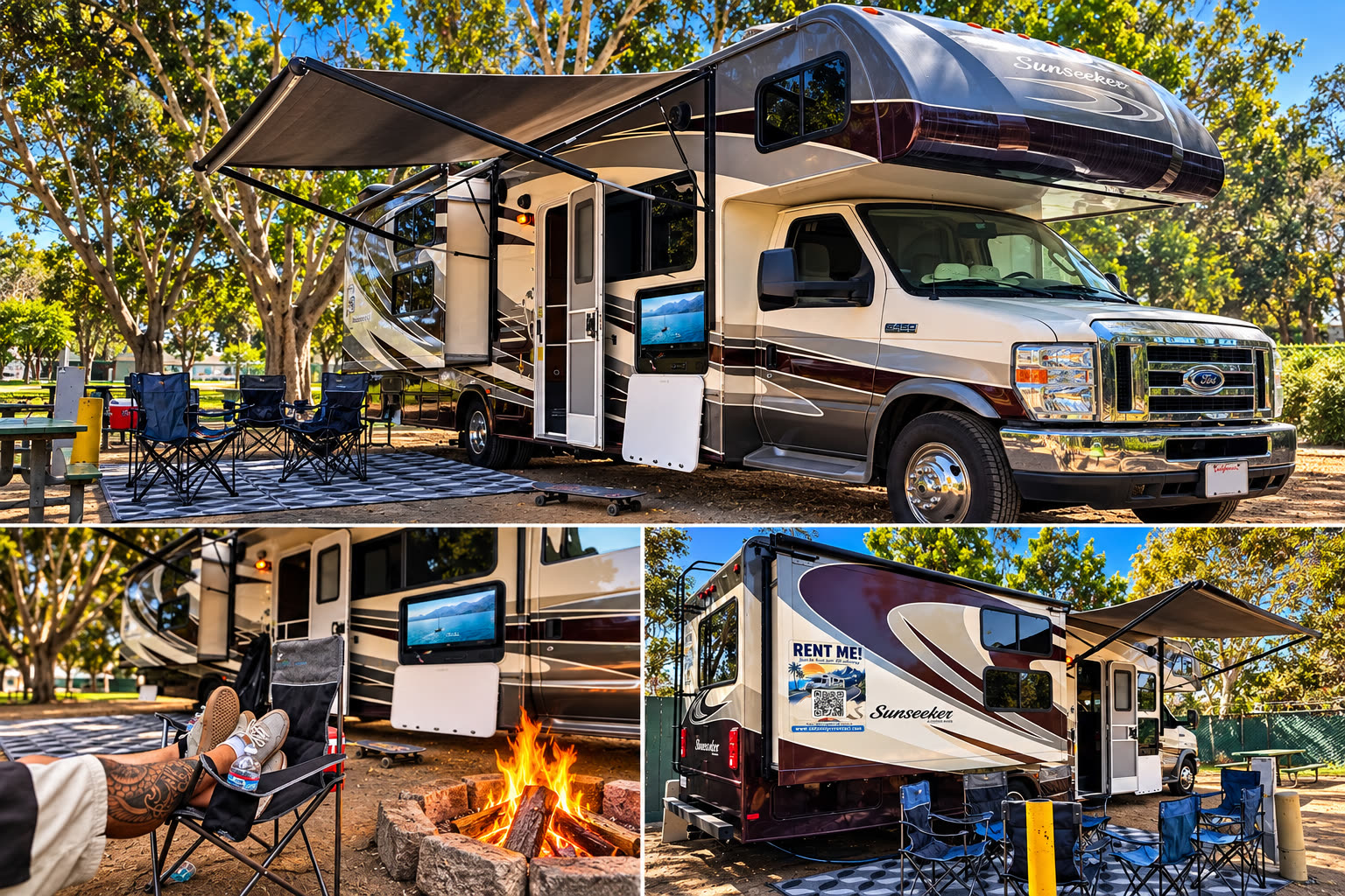 Three-panel campsite collage showing the RV under its awning, exterior TV, camp chairs, and fire pit.