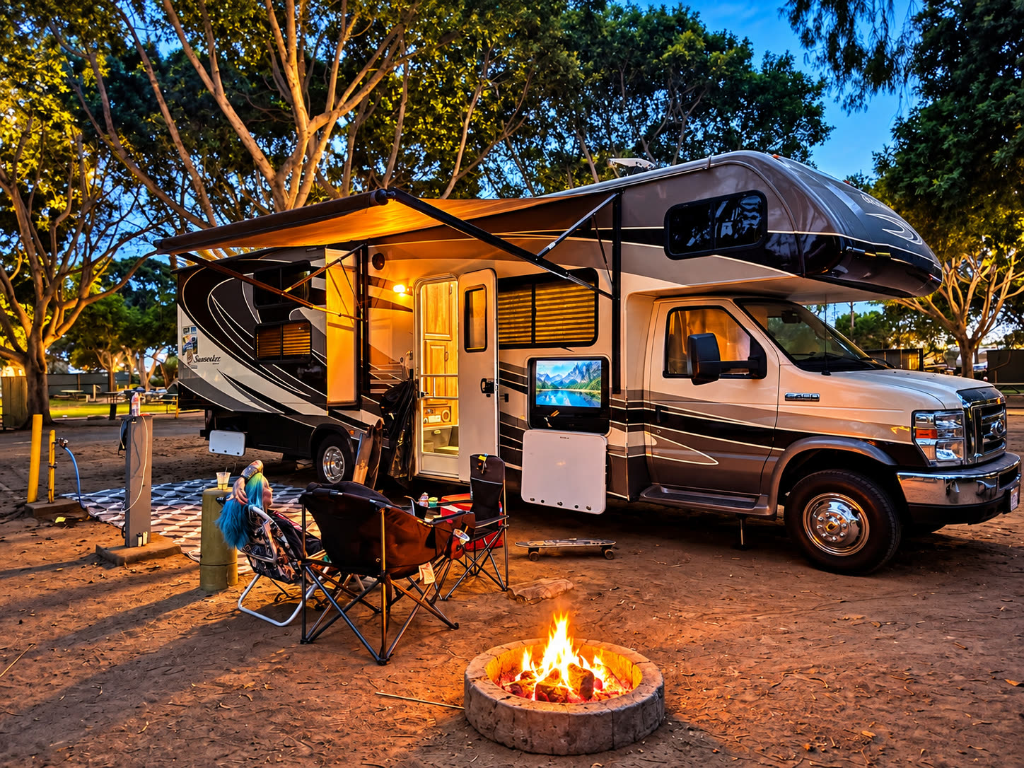 Sunseeker RV campsite at dusk with awning lights, camp chairs, and a glowing fire pit.